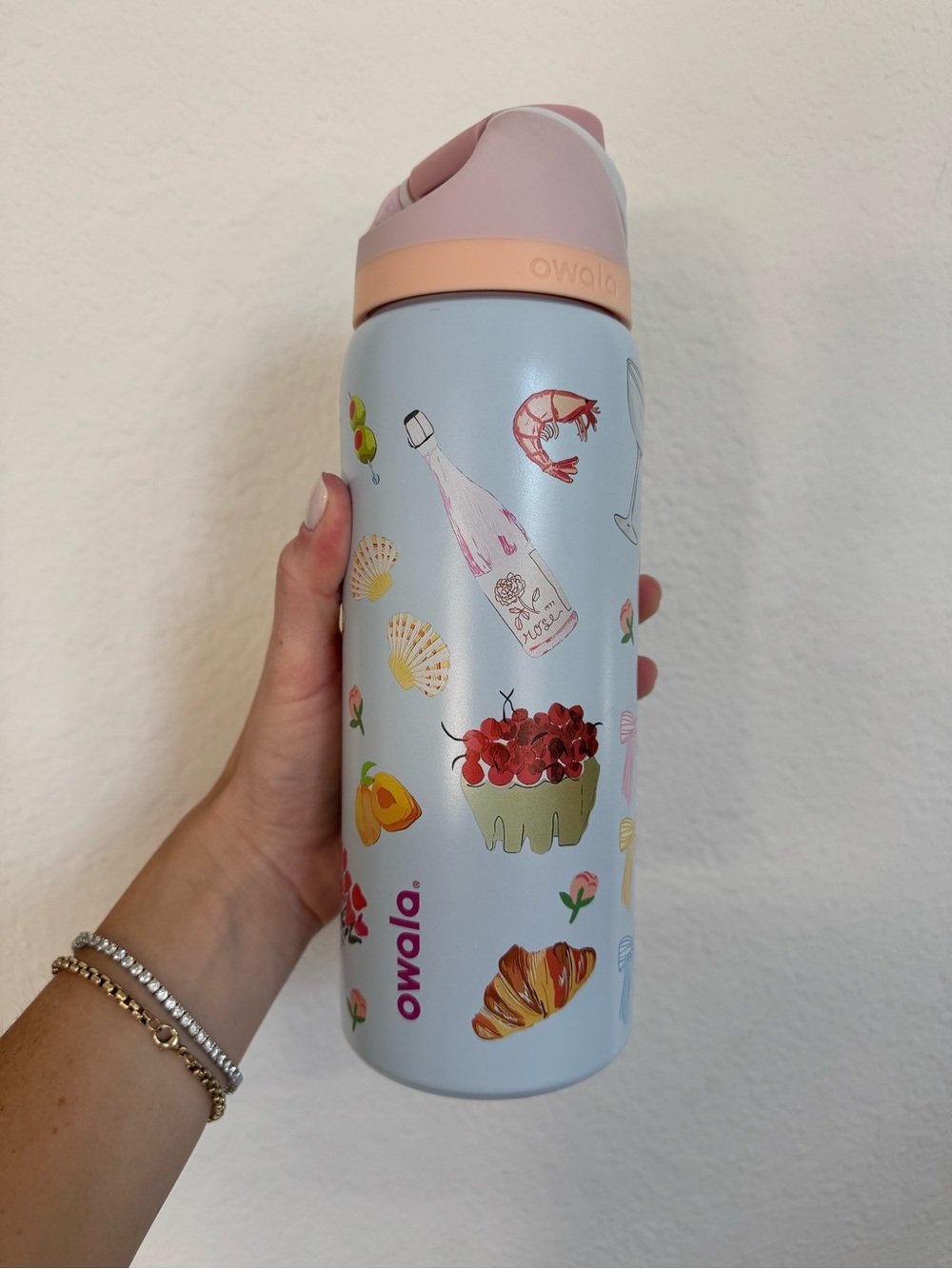 32oz Owala Pink-Accent Stainless Water Bottle with Floral & Food Motif 🥐 🦞 🍒
